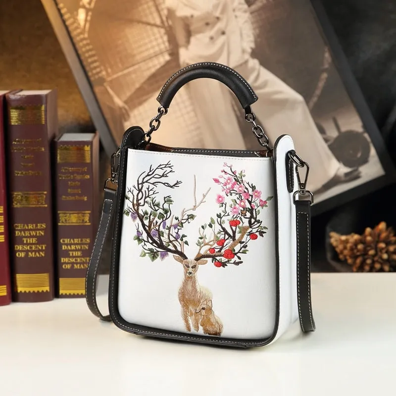 Women's Genuine Leather Embroidery Portable Crossbody Handbag