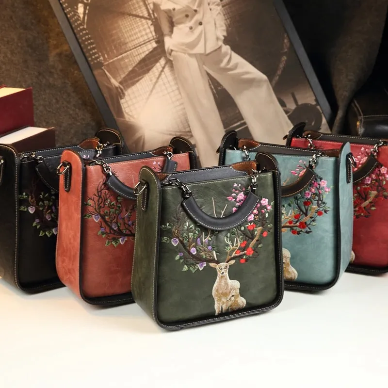 Women's Genuine Leather Embroidery Portable Crossbody Handbag