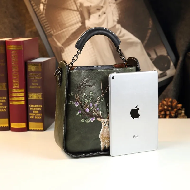 Women's Genuine Leather Embroidery Portable Crossbody Handbag