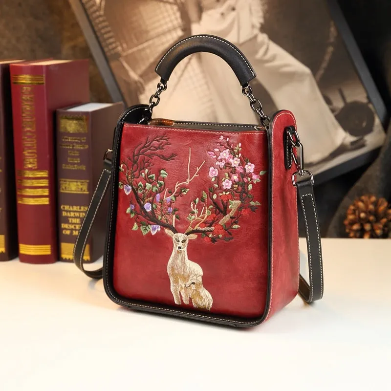 Women's Genuine Leather Embroidery Portable Crossbody Handbag