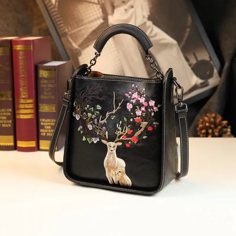 Women's Genuine Leather Embroidery Portable Crossbody Handbag