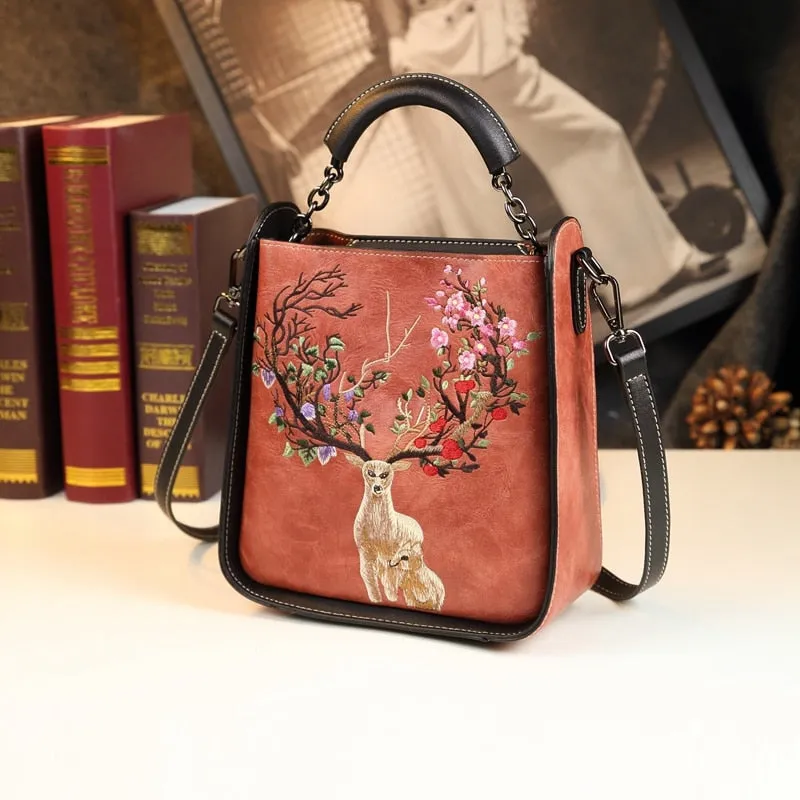 Women's Genuine Leather Embroidery Portable Crossbody Handbag