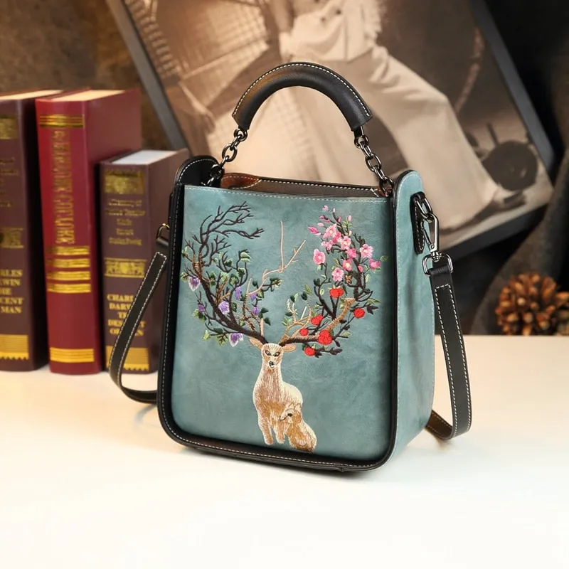 Women's Genuine Leather Embroidery Portable Crossbody Handbag