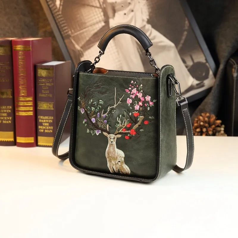 Women's Genuine Leather Embroidery Portable Crossbody Handbag