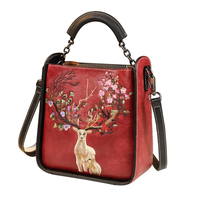 Women's Genuine Leather Embroidery Portable Crossbody Handbag