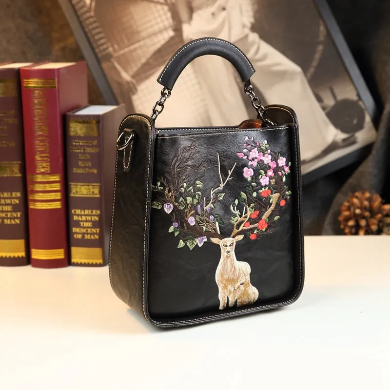 Women's Genuine Leather Embroidery Portable Crossbody Handbag