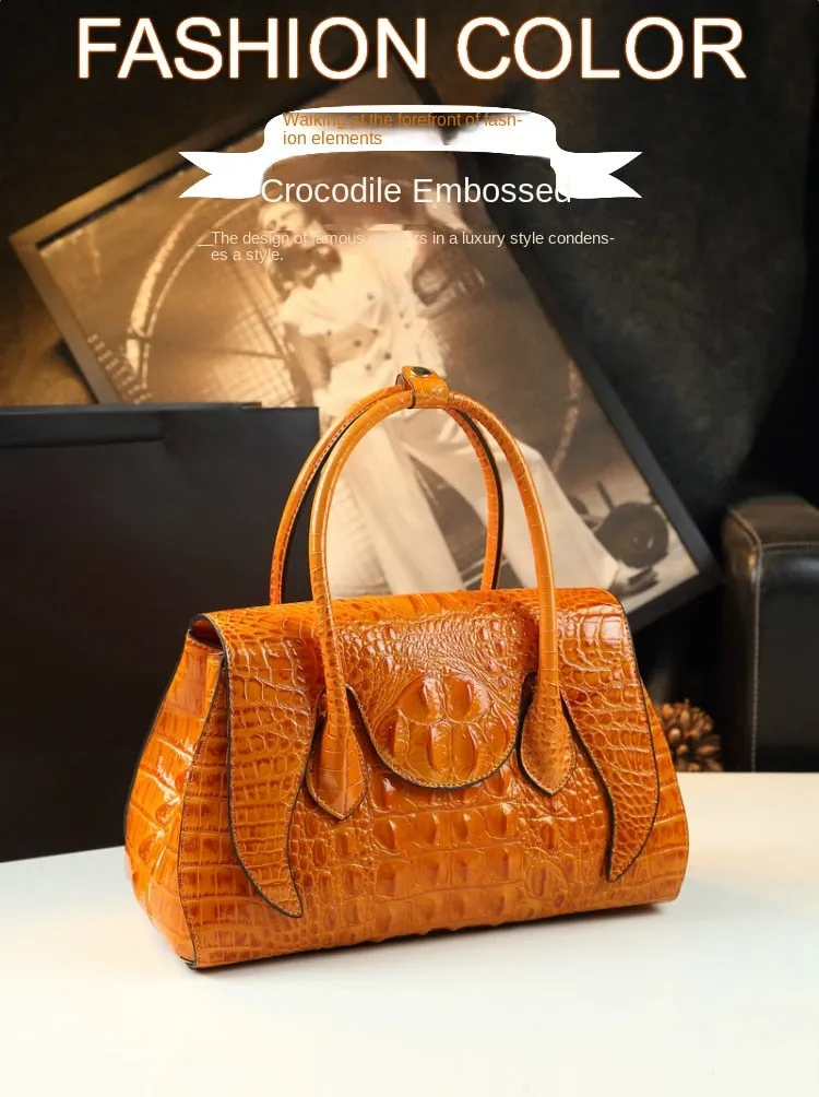 Women's Genuine Leather Large Crocodile Pattern Portable Handbag