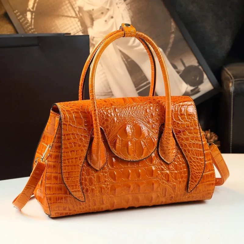 Women's Genuine Leather Large Crocodile Pattern Portable Handbag