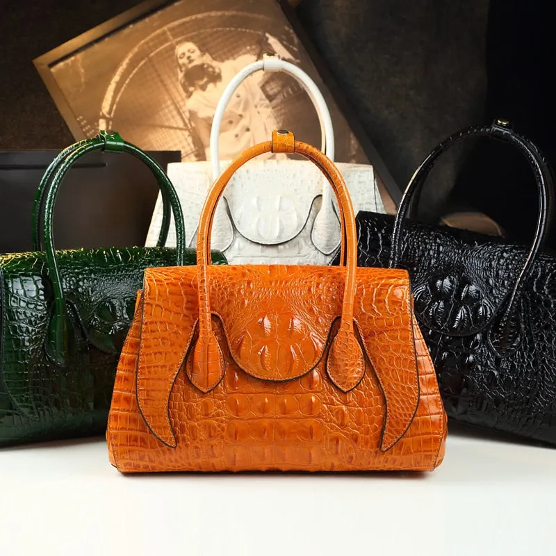 Women's Genuine Leather Large Crocodile Pattern Portable Handbag