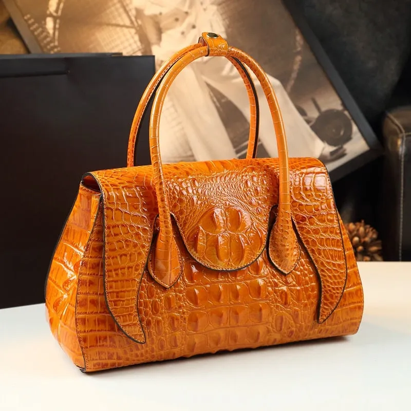 Women's Genuine Leather Large Crocodile Pattern Portable Handbag