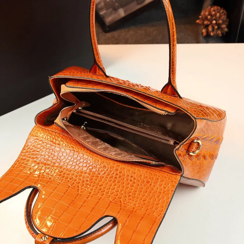 Women's Genuine Leather Large Crocodile Pattern Portable Handbag