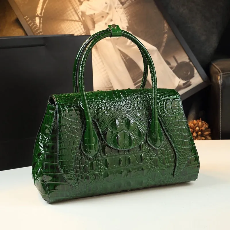 Women's Genuine Leather Large Crocodile Pattern Portable Handbag