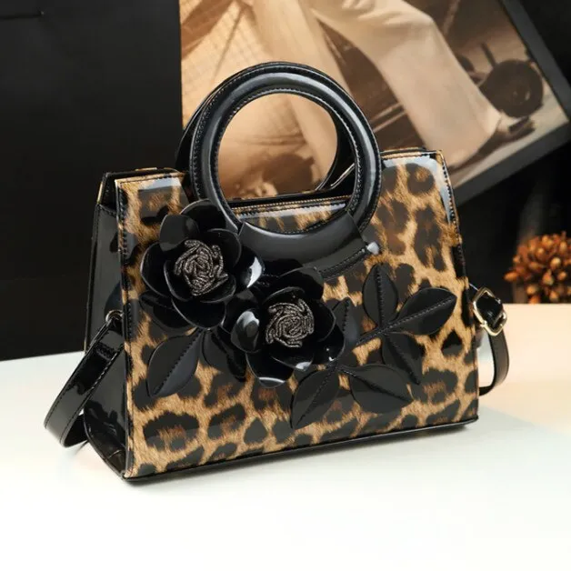 Women's Genuine Leather Luxury Leopard Pattern Round Handle Handbag