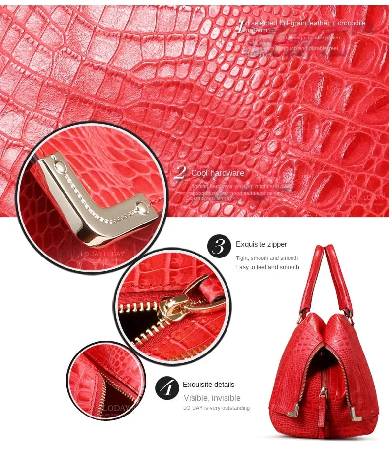 Women's Luxury Fashion Genuine Leather Crocodile Pattern Shoulder Handbag