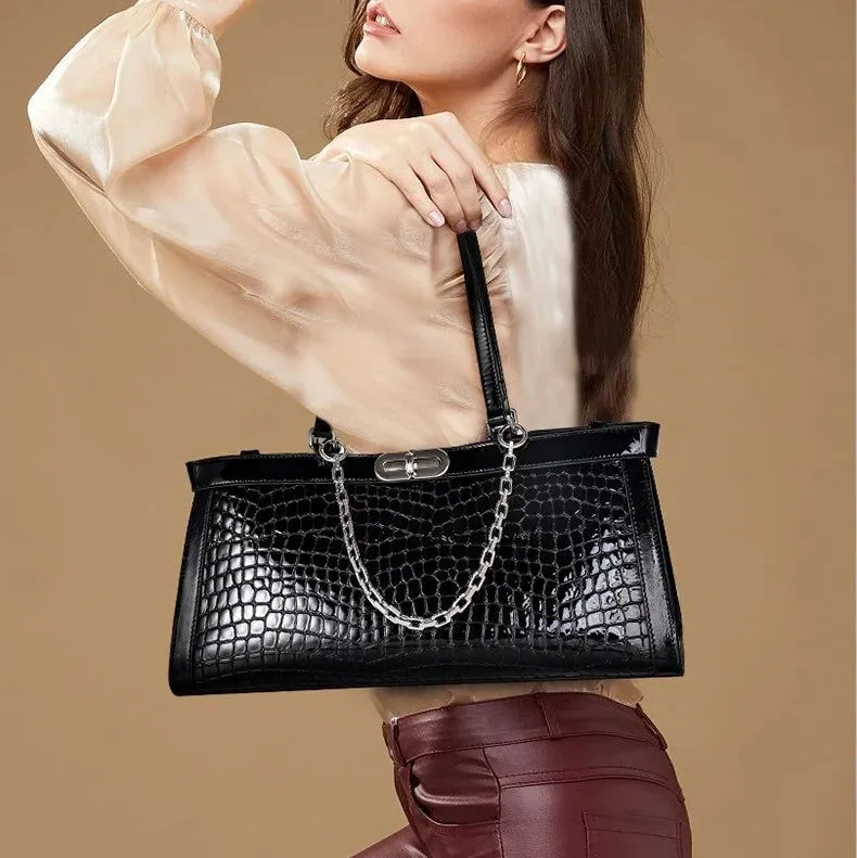 Women's Luxury Genuine Leather Crocodile Pattern Shoulder Underarm Handbag