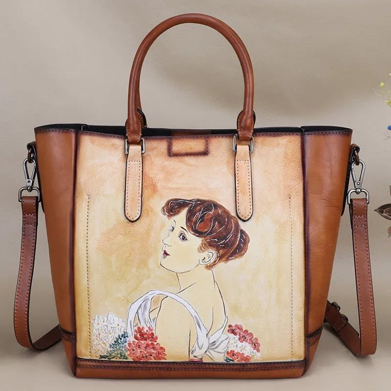 Women's Retro Genuine Leather Hand Painted Large Capacity Portable Handbag