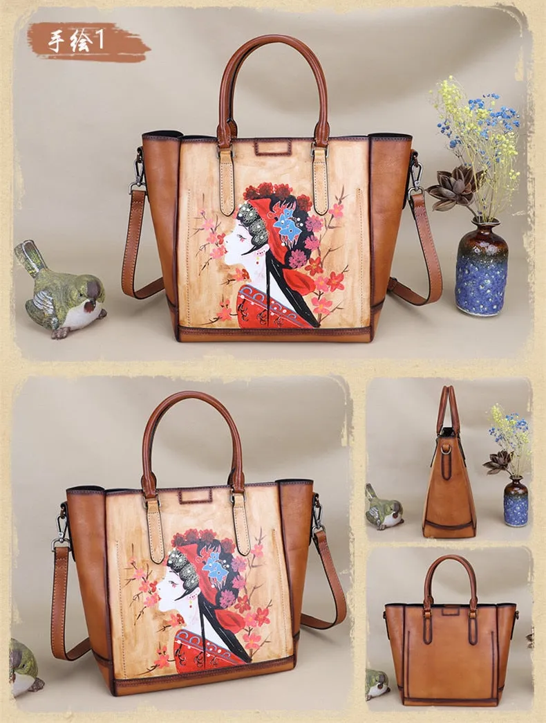 Women's Retro Genuine Leather Hand Painted Large Capacity Portable Handbag