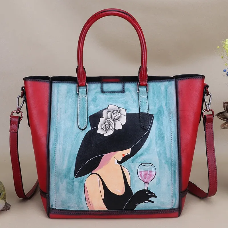 Women's Retro Genuine Leather Hand Painted Large Capacity Portable Handbag