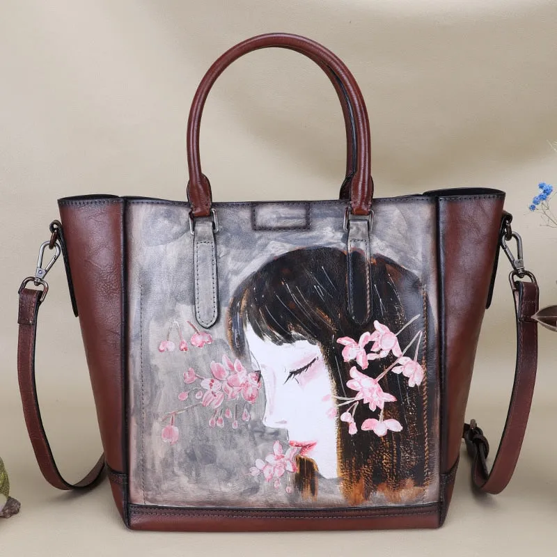 Women's Retro Genuine Leather Hand Painted Large Capacity Portable Handbag