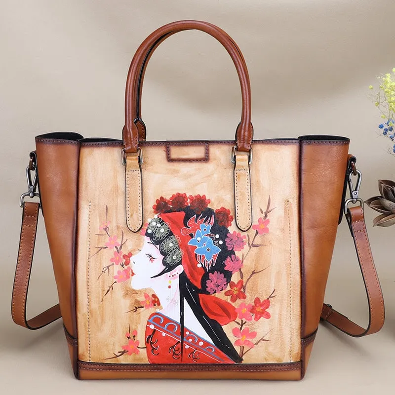 Women's Retro Genuine Leather Hand Painted Large Capacity Portable Handbag