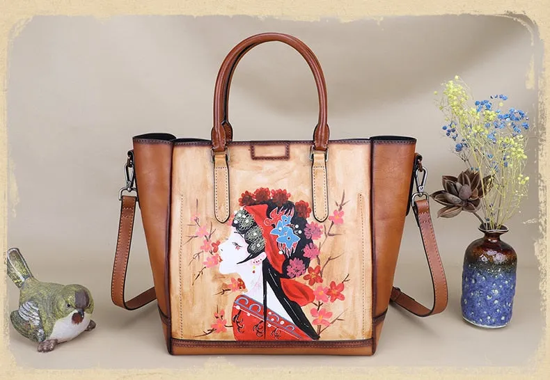 Women's Retro Genuine Leather Hand Painted Large Capacity Portable Handbag