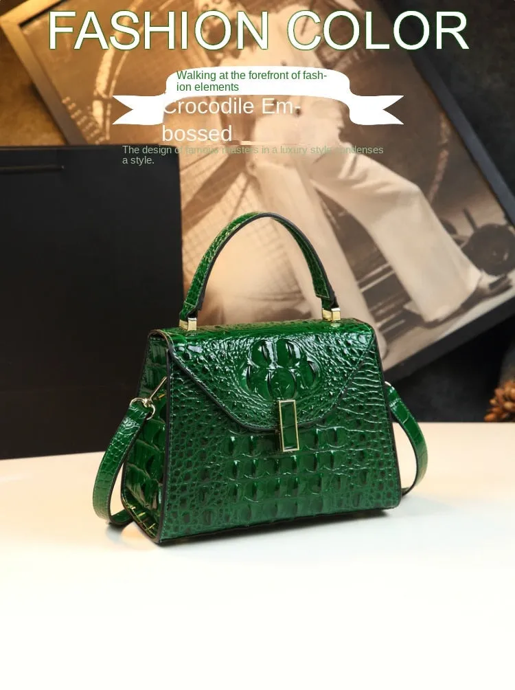 Women's Small Square Crocodile Pattern Leather Portable Handbag