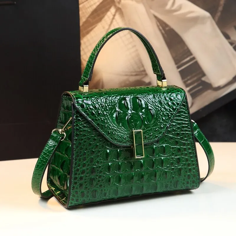 Women's Small Square Crocodile Pattern Leather Portable Handbag