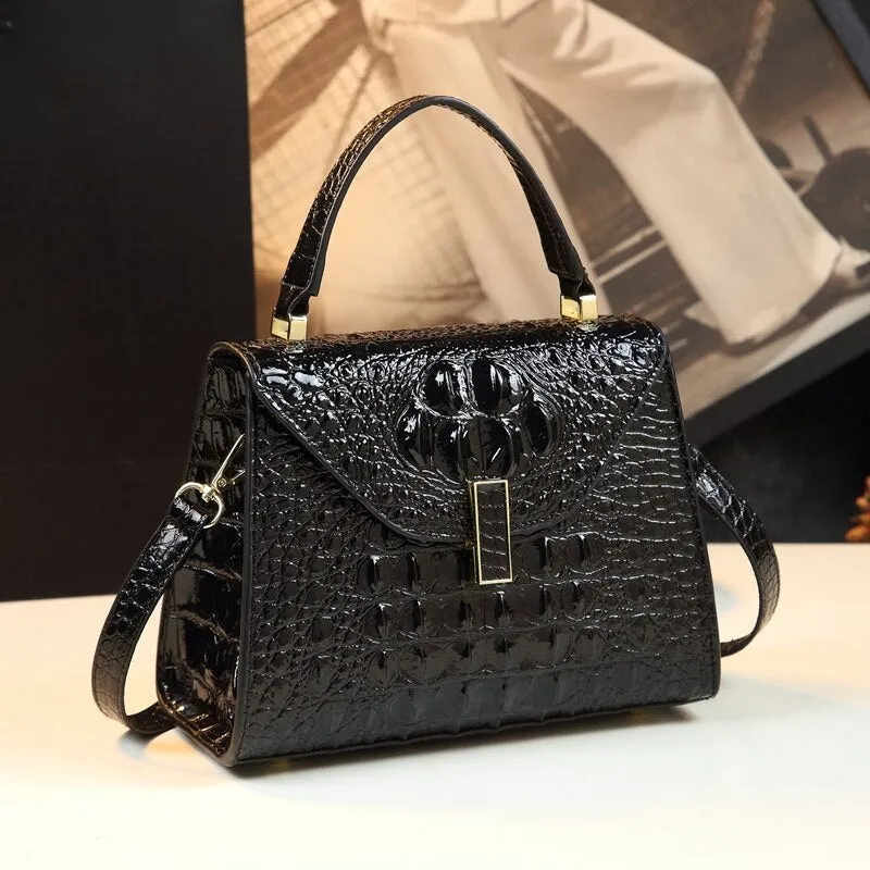 Women's Small Square Crocodile Pattern Leather Portable Handbag